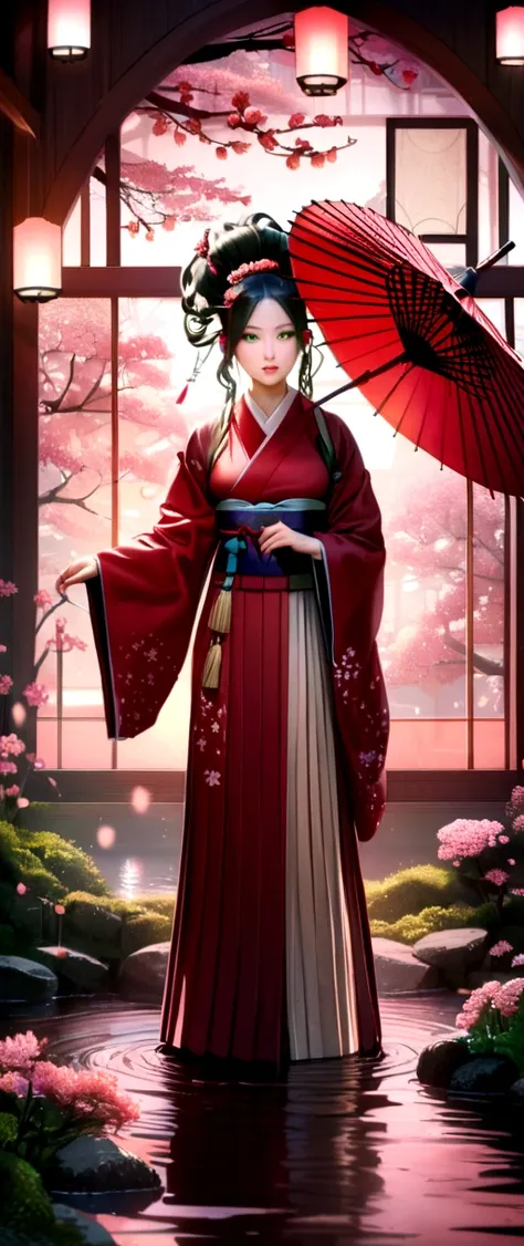 (best quality, highres, ultra-detailed, photorealistic), anime, dark-skinned geisha, green eyes, umbrella, fan, traditional Japanese costume, delicate makeup, intricate hairstyle, mysterious atmosphere, glowing lanterns, cherry blossom backdrop, dimly-lit ...