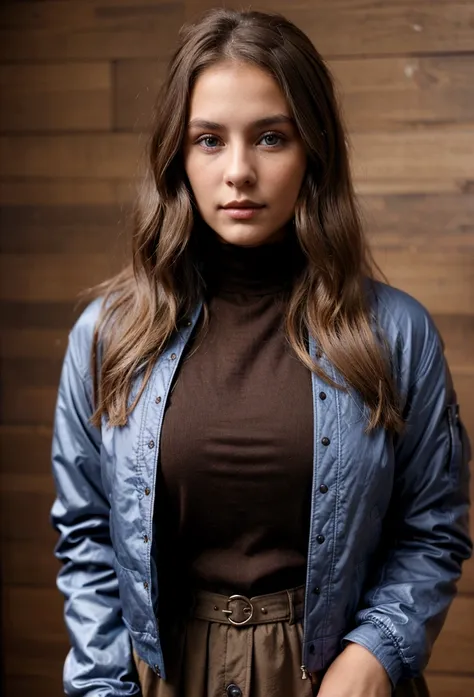 Young woman, dark blonde hair, brown eyes. She lives in 1899. Her jacket is blue brown.