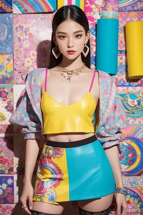 best quality, masterpiece, Fashion with a piece of fabric that exposes almost the entire upper body, H-shaped skirt that reveals more than 10cm above the knees, High heels that are very flashy and have a heel of more than 7 cm., large, colorful necklace, l...