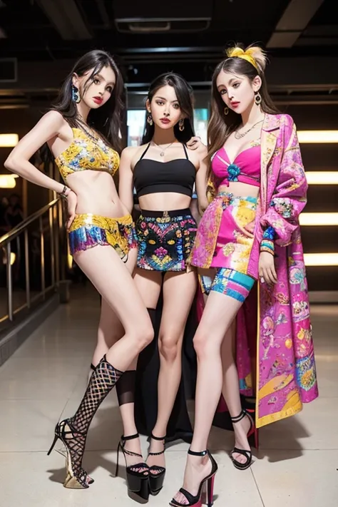 best quality, masterpiece, Fashion with a piece of fabric that exposes almost the entire upper body, H-shaped skirt that reveals more than 10cm above the knees, High heels that are very flashy and have a heel of more than 7 cm., large, colorful necklace, l...