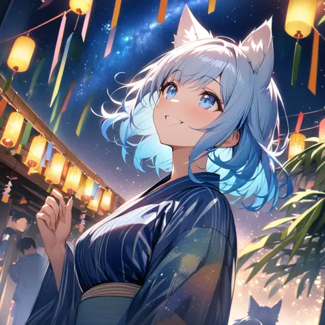 Best quality, masterpiece, Wishing Girl,light blue hair,blue eyes,wolf cut hair,cat ear,smile, looking up at the sky, yukata, Milky Way, night view, Tanabata Festival, large tall bamboos and colorful hanging decoration,gold light particles effect