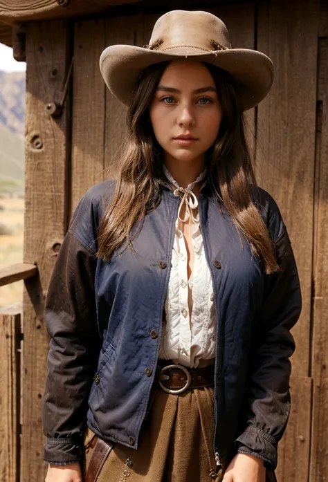 Young woman, dark blonde hair, brown eyes. She lives in 1899. Her jacket is blue brown. She lives in the Wild West