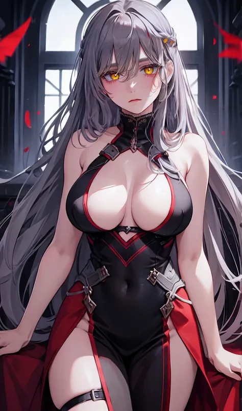 1girl, solo,lips, female focus, red eyes, looking at viewer, gray hair, long hair, closed mouth, huge body