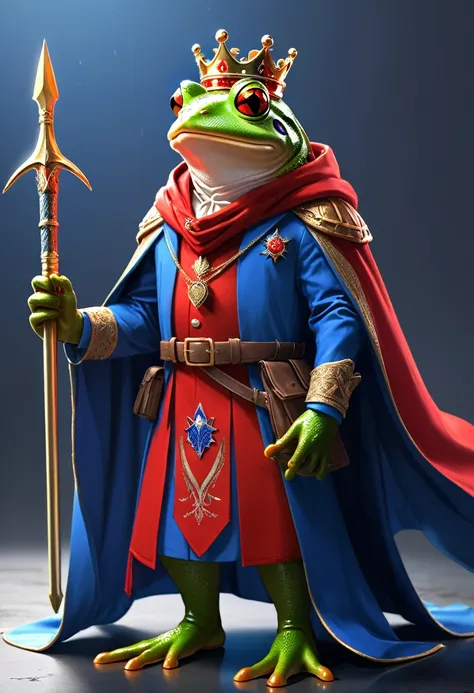 Cool Frog, King of Frogs, Simple Background, Red Bandana, Royal Suit in Blue, Epic Trident in Hand, Brave, Cloak, Best Quality, Super Detailed, Ultra High Resolution