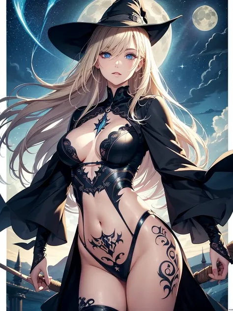 (masterpiece), best quality, high quality, 8k, wallpaper, (ultra-detailed:1.3), expressive sharp blue eyes,perfect face, (Witch), long blond shining hair, flying through sky on broom, wearing expressive clothes, (drawing style:1.5), expressive detailed jew...