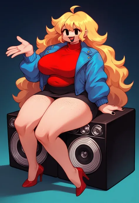 score_9, score_8_up, score_7_up, solo, 1girl, girlfriend (friday night funkin), smile, sitting on speakers, red footwear, high heels, black eyes solo, blonde hair, jacket, dark grey skirt, smile, red turtleneck sweater, black eyes, open mouth, blue jacket,...