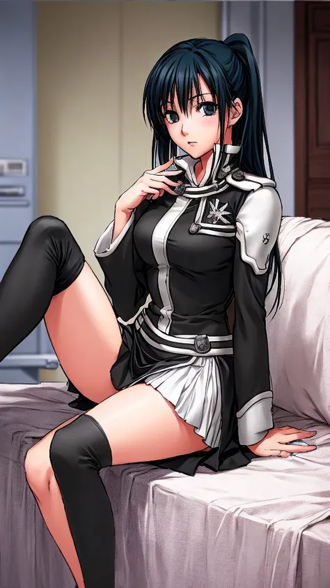 the beautiful-legged lenalee is sitting blushing in the medical room in a miniskirt uniform and knee-high socks.。