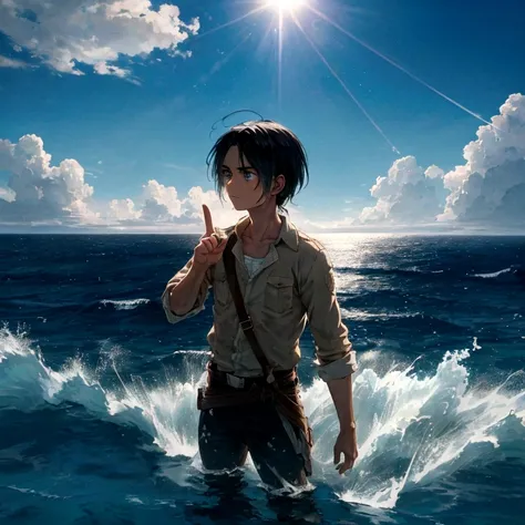 Eren from Attack on Titan standing on a cliff, pointing towards the vast sea under a bright blue sky with scattered clouds. The sun reflects off the water, creating a shimmering effect. The scene captures the serene beauty of the ocean and the determinatio...