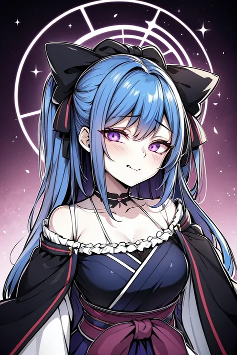 at pixiv, top rated on pixiv, pixiv style, pixiv contest winner, portrait of a goth catgirl, pixiv 3dcg, Girl, medium ruffled layered blue hair, purple eyes, open belly, Masterpiece ultra high quality, high-quality, Good detail, sticking out tongue, long t...