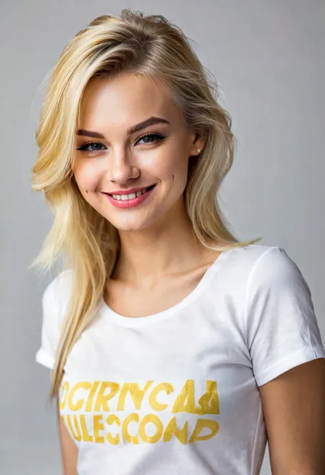 Realistic blonde girl outfit smirk posing 