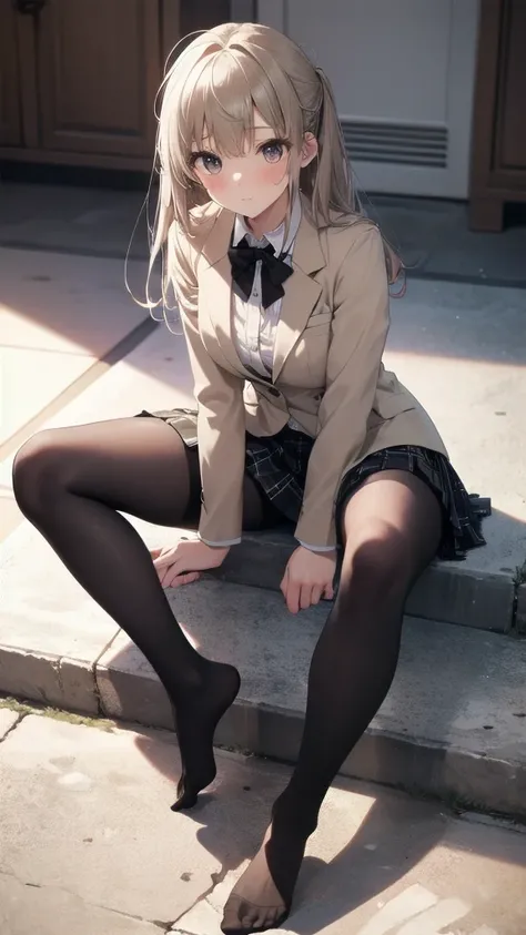 Top quality, masterpiece, High resolution, (Head to toe full body), front, frontやや下からの構図, Symmetric, Tall 18 year old girl, alone, (Head to toe), (Small breasts), Unkempt brown hair, bangs, (black tights), (Black Pantyhose), (Sit with your legs apart), (Cr...