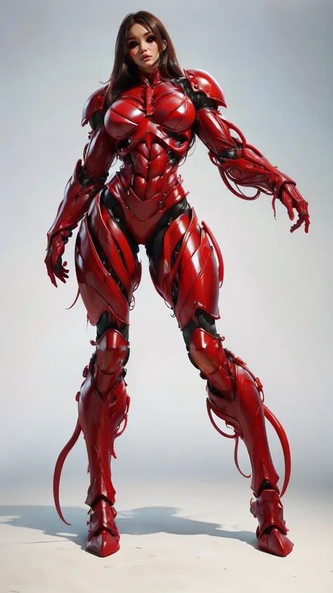 a photo-realistic image of megan fox as armored carnage, (solo:1.0), (red carnage skinless muscular bio-mecha armor:1.25), (mout...