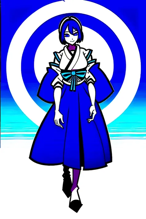 Girl, medium ruffled layered blue hair, purple eyes, open belly, Masterpiece ultra high quality, high-quality, Good detail, sticking out tongue, long tongue, hakama outfit with stomach exposed, half-body shot above waist, fire halo like circle around body,...