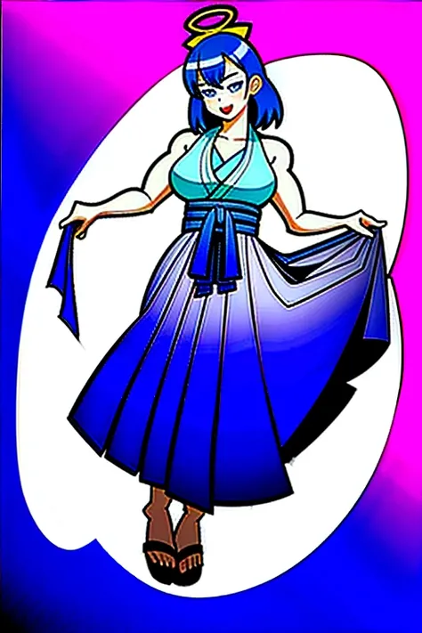 Girl, medium ruffled layered blue hair, purple eyes, open belly, Masterpiece ultra high quality, high-quality, Good detail, sticking out tongue, long tongue, hakama outfit with stomach exposed, half-body shot above waist, fire halo like circle around body,...