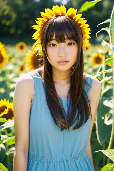 Young Japanese woman in a field of sunflowers