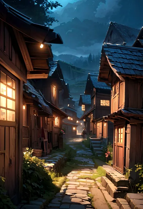 Poor street of a mountain village, Villagers, an old house, Very detailed, night, frowning, scary, overlooking