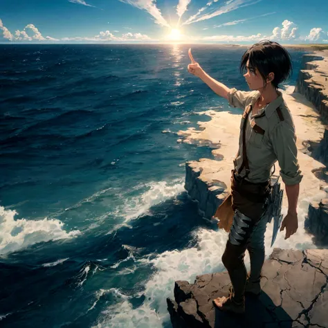 Eren from Attack on Titan standing on a cliff, pointing towards the vast sea under a bright blue sky with scattered clouds. The sun reflects off the water, creating a shimmering effect. The scene captures the serene beauty of the ocean and the determinatio...