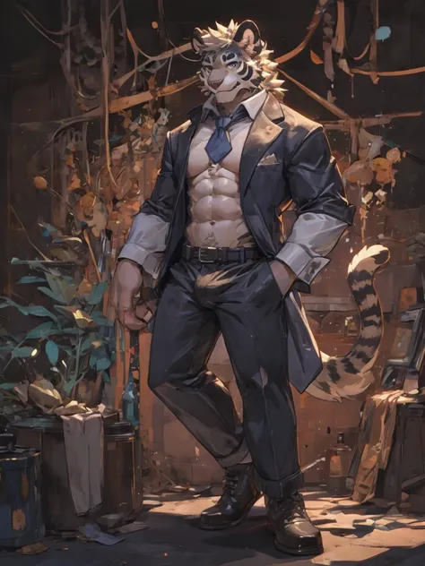 {{bara extremely handsome white tiger,}} {{white fur,}} white, wearing elegant ornate suit jacket, trousers, white dress shirt and necktie, white fluffy furry body and limbs, loafers, very tall, very broad shoulders, narrow waist, muscular arms, massive pe...