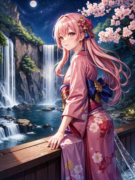 Highest quality,Highest Resolution,cherry blossoms,(((waterfall))),Night Sky,Starry Sky,full moon,Beautiful girl in kimono,