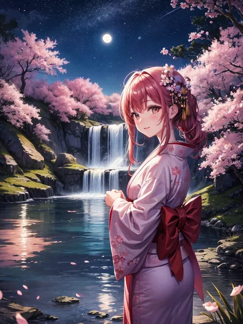 Highest quality,Highest Resolution,cherry blossoms,(((waterfall))),Night Sky,Starry Sky,full moon,Beautiful girl in kimono,