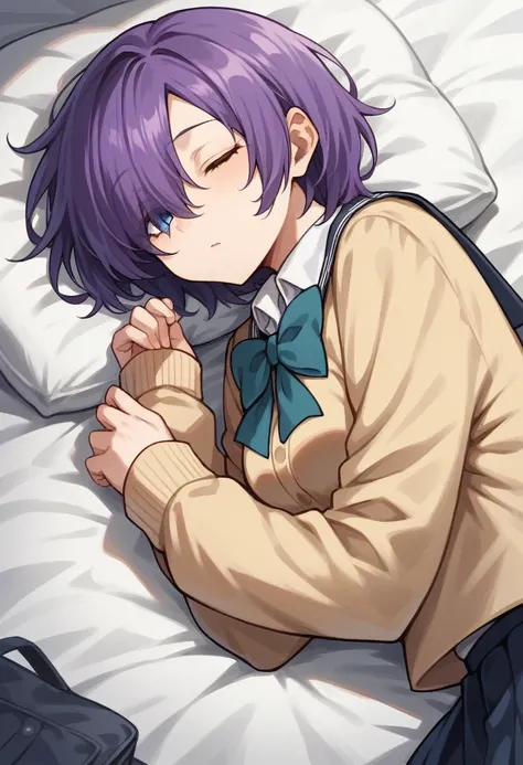 score_9, score_8_up, score_7_up, score_6_up, score_5_up, score_4_up, BREAK source_anime, one anime girl, blue eyes, purple hair, medium hair, hair covers one eye, school uniform, sleeping