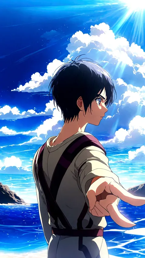 Eren from Attack on Titan standing on a cliff, pointing towards the vast sea under a bright blue sky with scattered clouds. The sun reflects off the water, creating a shimmering effect. The scene captures the serene beauty of the ocean and the determinatio...