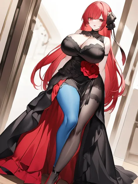 Highest quality、devil、Long Red Hair、Black Dress、Big Breasts、Lots of lace、Fluttering Skirt、red heels、Long skirt、The eyes are large、Lipstick is red