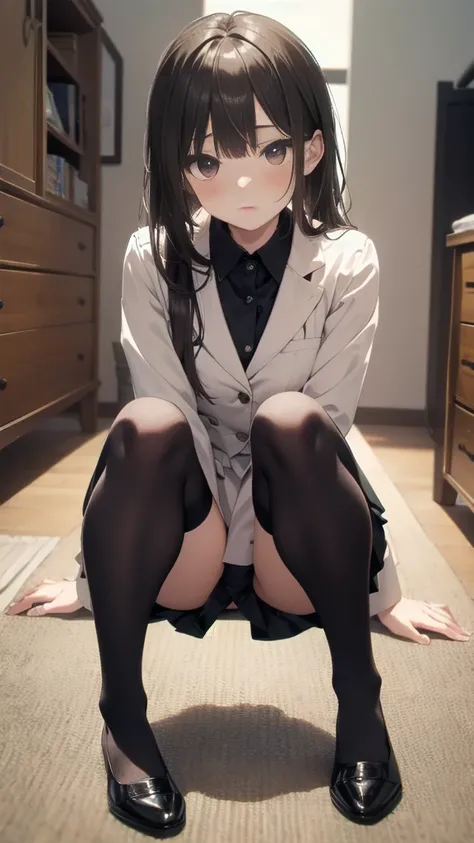 Top quality, masterpiece, High resolution, (Head to toe full body), front, frontやや下からの構図, Symmetric, Tall 18 year old girl, alone, (Head to toe), (Small breasts), Unkempt brown hair, bangs, (black tights), (Black Pantyhose), (Sit with your legs apart), (Cr...