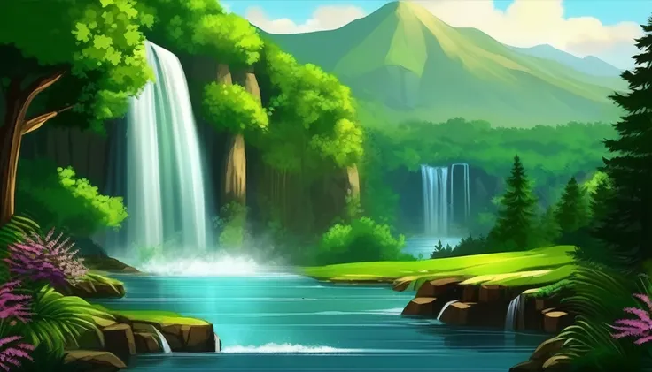 a painting of a waterfall in a lush green forest with flowers, flowers and waterfalls, very beautiful scenery, very very beautiful scenery, very very very beautiful scenery, the most beautiful landscape, stunning nature in background, beatiful backgrounds,...