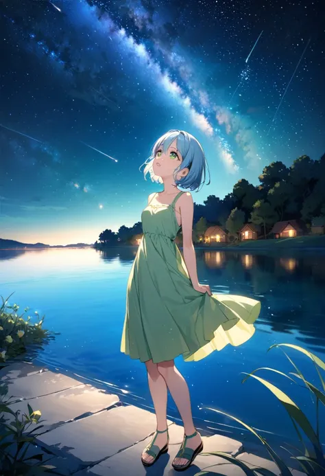 Light blue hair、Short Bob、Deep green eyes、Small breasts、25 years old,lemon sleeveless dress、sandals、Looking up at the sky by the lake at night、The Milky Way in a starry sky、Tears flowing