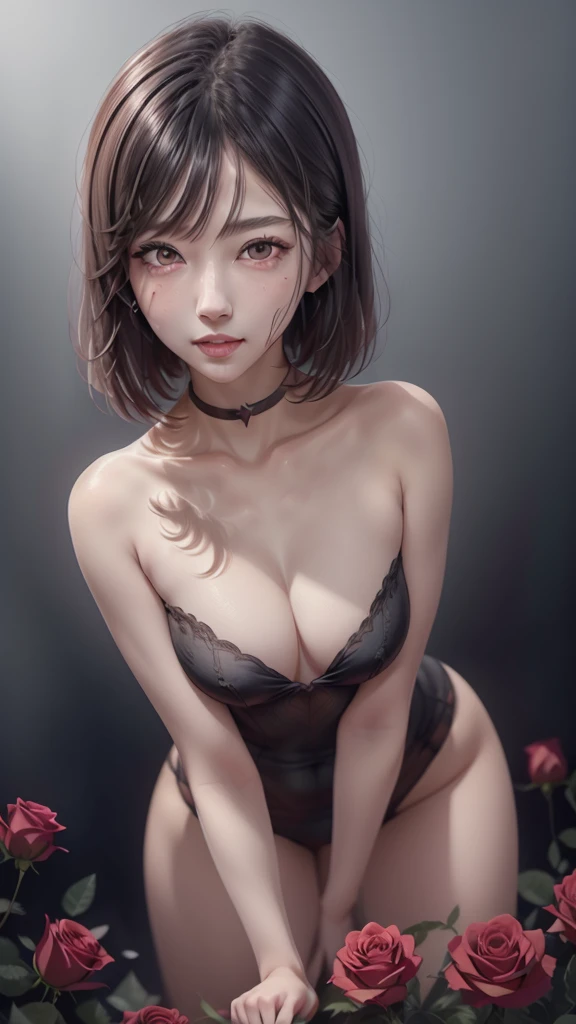 Beautiful black-haired woman with red eyes, elegant and refined, Rose flowers, Highly detailed face, Detailed eyes, beautiful long eyelashes, complicated details, Award-winning digital art, movie light, Amazing color, realistic, 8K, Masterpiece