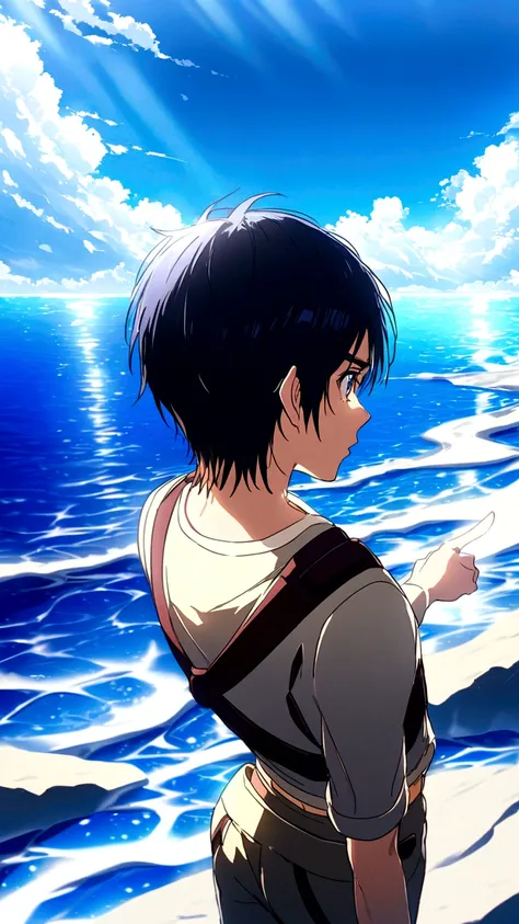 Eren from Attack on Titan standing on a cliff, pointing towards the vast sea under a bright blue sky with scattered clouds. The sun reflects off the water, creating a shimmering effect. The scene captures the serene beauty of the ocean and the determinatio...