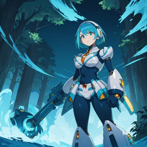 rico_megamanxdive, 1girl, solo, blue eyes, short hair, blue hair, android, high quality, masterpiece, standing with green flames...