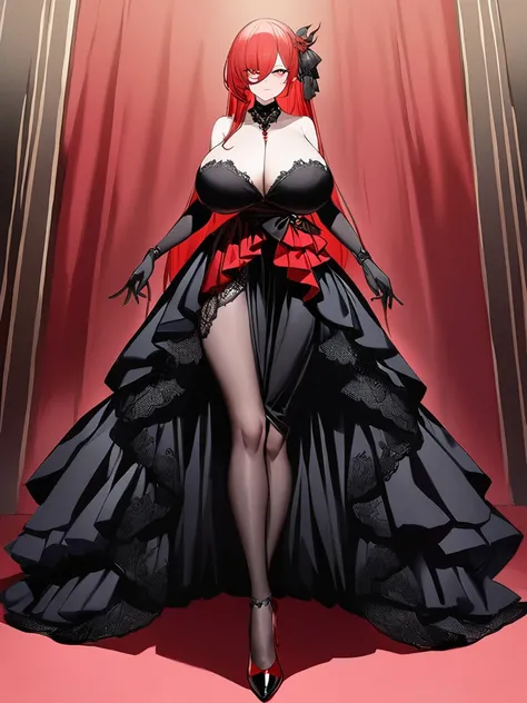 Highest quality、devil、Long Red Hair、Black Dress、Big Breasts、Lots of lace、Fluttering Skirt、red heels、Long skirt、The eyes are large、Lipstick is red、from the front、Draw the face clearly