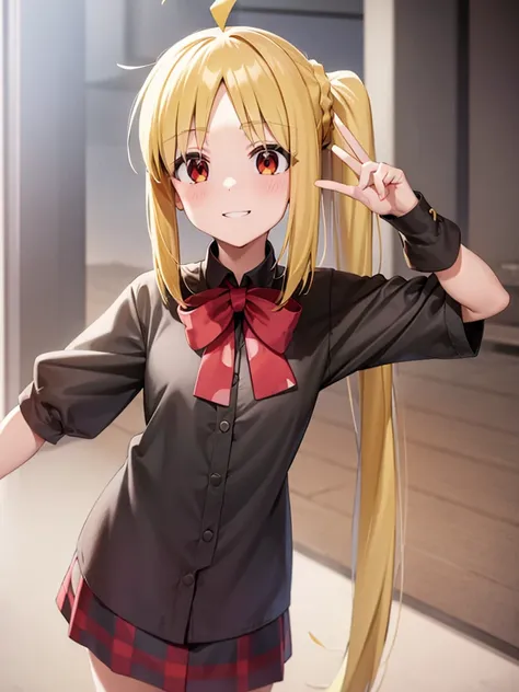 blonde_hair, long_hair, bangs, side_ponytail, look at viewer, ahoge, red_eyes, bow, red_bow, smile mouth, face of happiness