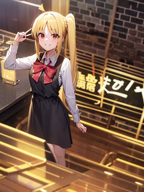 blonde_hair, long_hair, bangs, side_ponytail, look at viewer, ahoge, red_eyes, bow, red_bow, smile mouth, face of happiness