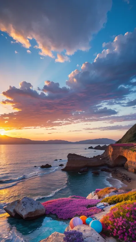 "Beautiful coast、Sunset、A fantastic landscape with colorful stones and marbles scattered around"