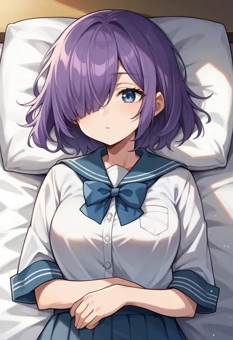 score_9, score_8_up, score_7_up, score_6_up, score_5_up, score_4_up, BREAK source_anime, one anime girl, blue eyes, purple hair, medium hair, hair covers one eye, school uniform, sleeping