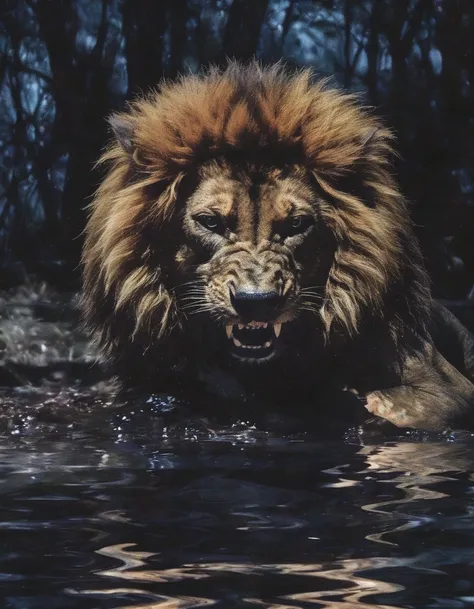 lion in water, night forest background