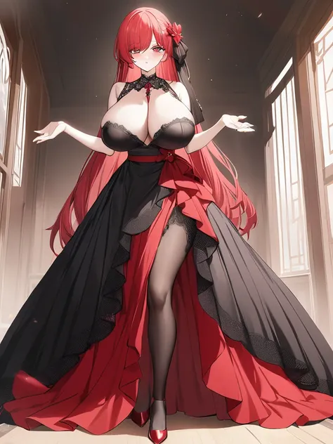 Highest quality、devil、Long Red Hair、Black Dress、Big Breasts、Lots of lace、Fluttering Skirt、red heels、Long skirt、The eyes are large、Lipstick is red、from the front、Draw the face clearly、Your hands are clean