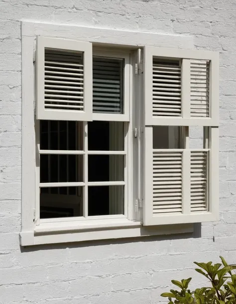 picture looking in to a house though an open white wooden window with slatted blinds