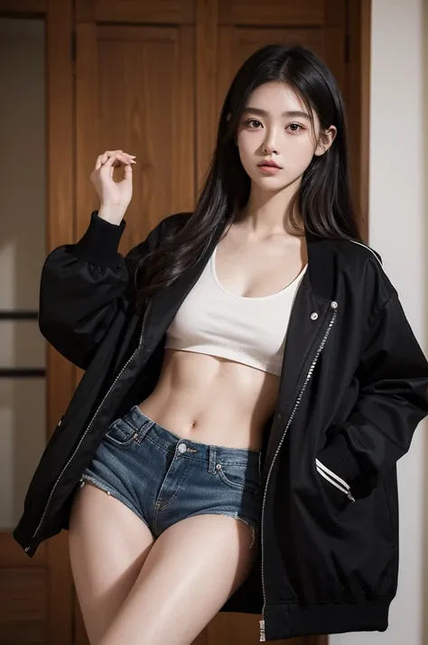 Photography of 20-year-old women, Perfect face, masterpiece, OK, underwear, Black_OK, jacket, Black_