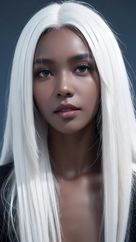 leogirl, cute dark skin 1girl, long tousled white hair, biting lips, seductive forward lean, delicate skin, delicate face, real, realistic, 1girl,white hair,blue background,upper body, ((black skin)), (((black skin))), (((white hair)))