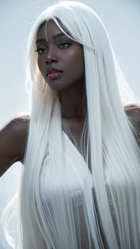 leogirl, cute dark skin 1girl, long tousled white hair, biting lips, seductive forward lean, delicate skin, delicate face, real, realistic, 1girl,white hair,blue background,upper body, ((black skin)), (((black skin))), (((white hair)))