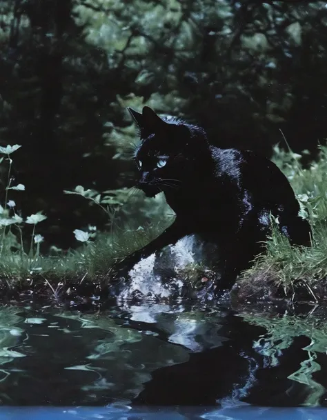 black cat in water, forest background