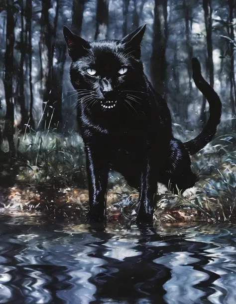 black cat in water, forest background