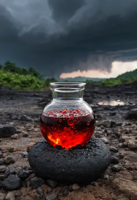 Image of a potion glass , circular bottom , red potion in the glass , hot gasses coming from the glass , bubbles coming inside of the potion , hells backgorund , fire and cracked ground , potion is kept on a big fire stone , dark cloudy sky , thunderstorms...