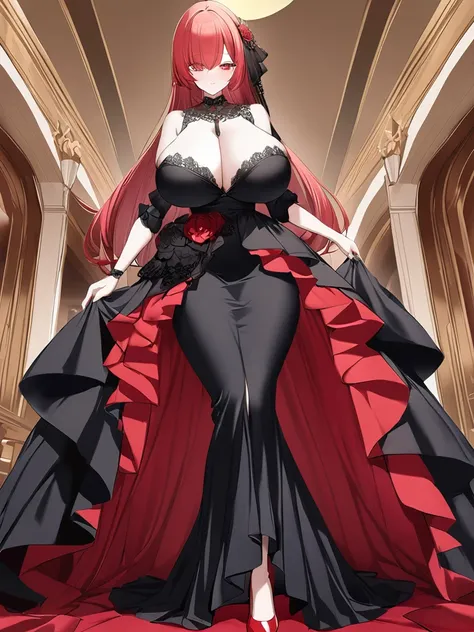 Highest quality、devil、Long Red Hair、Black Dress、Big Breasts、Lots of lace、Fluttering Skirt、red heels、Long skirt、The eyes are large、Lipstick is red、Draw the face clearly、Hitomi red