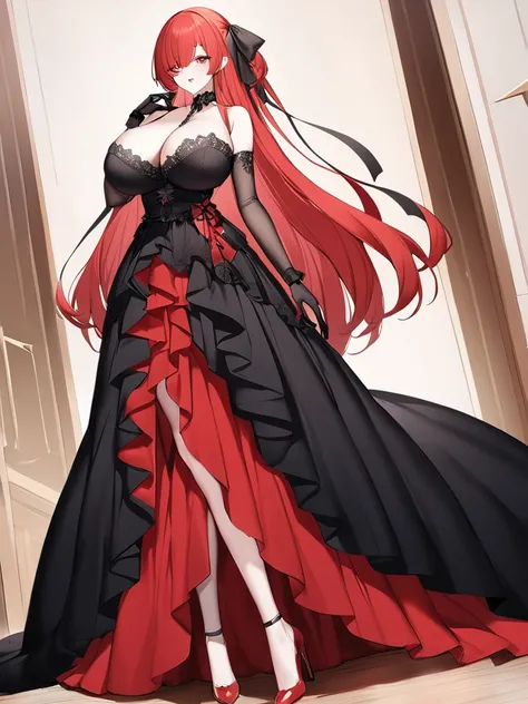 Highest quality、devil、Long Red Hair、Black Dress、Big Breasts、Lots of lace、Fluttering Skirt、red heels、Long skirt、The eyes are large、Lipstick is red、Draw the face clearly、Hitomi red