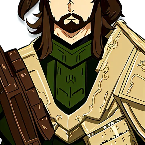 masterpiece, best quality, simple background, portrait, solo, 1man, 30 years old, tall, short brown beard, light green-brown armor, short brown hair, knight